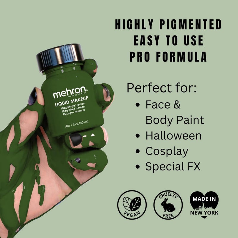 Mehron Makeup Liquid Makeup | Face Paint and Body Paint Perfect for Halloween, Cosplay I Air Brush Compatible Body Paint (1 oz) (GREEN) - Image 2