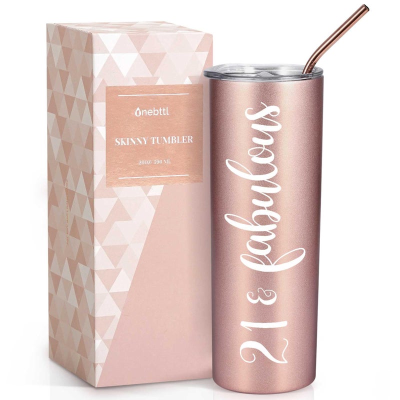 Onebttl 21st Birthday Gifts for Women Girl Her  21 and Fabulous 20oz590ml Stainless Steel Insulated Tumbler with Straw Lid Message Card  Rose Gold