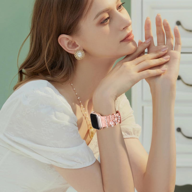 Wowstrap Charm+Band for Apple Watch Bands 40mm 41mm 38mm 44mm 45mm 46mm 42mm Women,Floral Engraved Silicone Sport Band+Decorative Ring Loops for iWatch Series 11 10 9 8 7 6 5 4 SE/Ultra 49mm 3/2,Jewelry Strap - Image 3