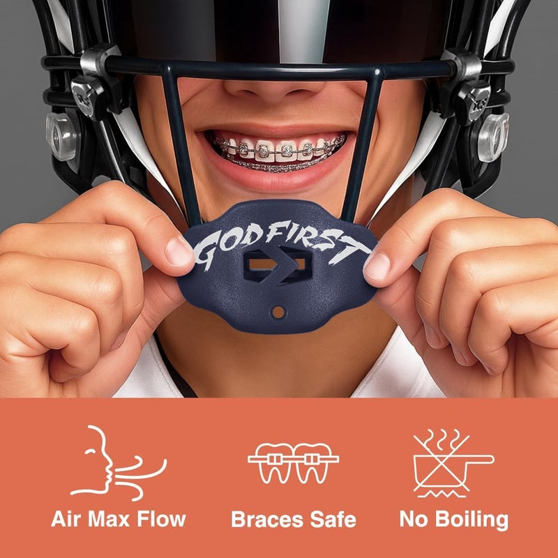 SLEEFS Football Mouth Guard - Youth Mouthguard with Strap - Lip/Teeth Protector Mouthpiece - No Boil - for Youth/Adults, Maximum Air Flow, for All Sports - God First in Navy Blue - Image 2