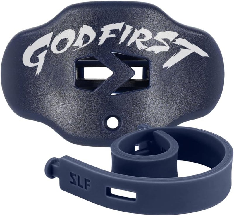SLEEFS Football Mouth Guard - Youth Mouthguard with Strap - Lip/Teeth Protector Mouthpiece - No Boil - for Youth/Adults, Maximum Air Flow, for All Sports - God First in Navy Blue - Image 1