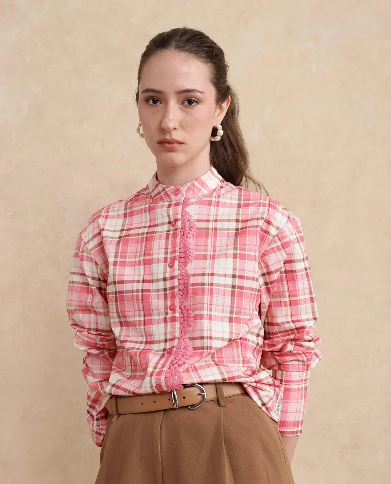 Rareism Women's Mandarin Collar Checked Shirt