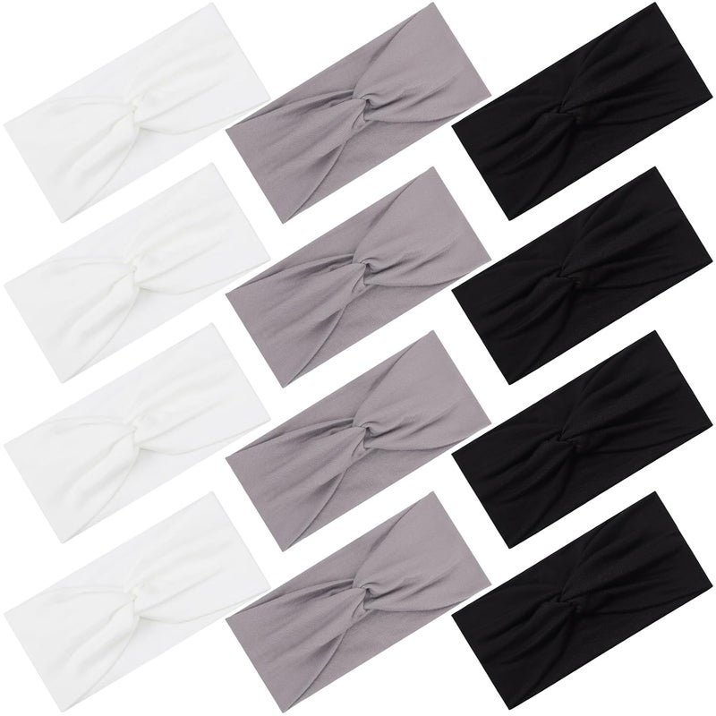 Panleding 12 Pcs Stretchy Headbands for Women, Absorbed Sport Headband Soft Twist Knotted Hairbands for Daily Life Yoga Workout(Black/Grey/White) - Image 1