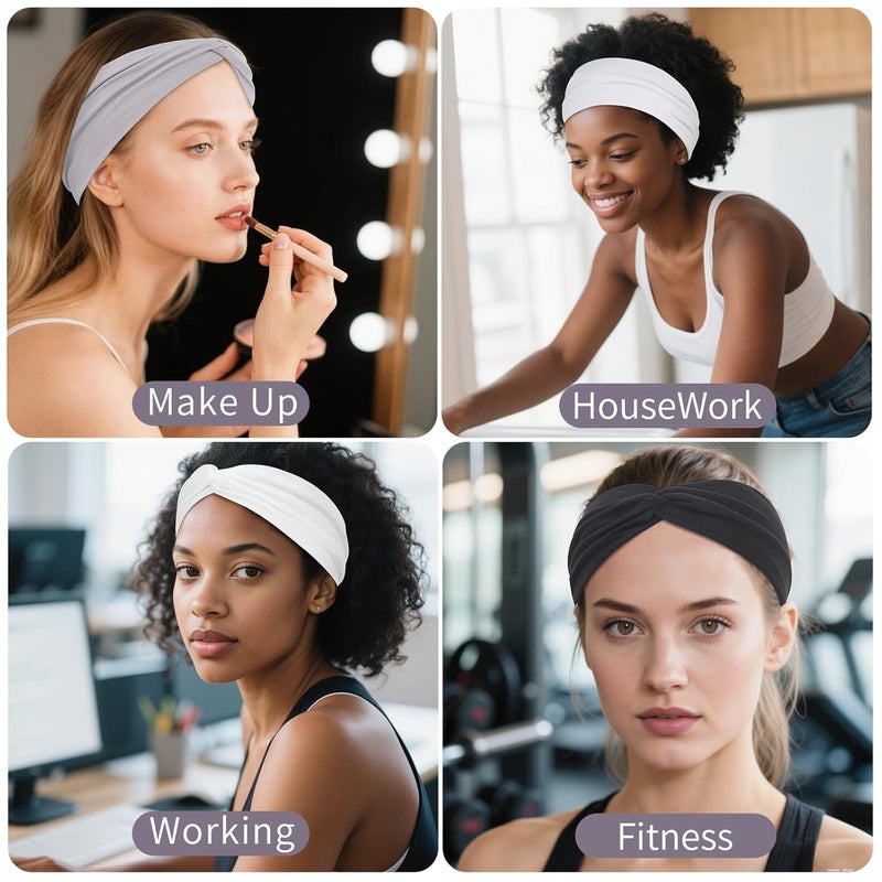 Panleding 12 Pcs Stretchy Headbands for Women, Absorbed Sport Headband Soft Twist Knotted Hairbands for Daily Life Yoga Workout(Black/Grey/White) - Image 4