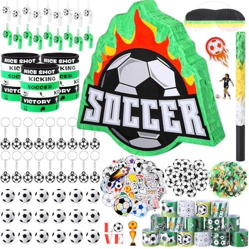 Hollowfly 162 Pcs Soccer Piata Soccer Party Favors with Blindfold Confetti Bat Mini Stress Balls Keychains Wristbands Whistles Eraser Slap Bracelet Stickers Sports Piata Birthday Party Decorations - Image 1