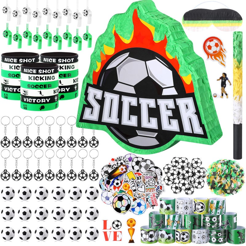 Hollowfly 162 Pcs Soccer Piata Soccer Party Favors with Blindfold Confetti Bat Mini Stress Balls Keychains Wristbands Whistles Eraser Slap Bracelet Stickers Sports Piata Birthday Party Decorations - Image 3