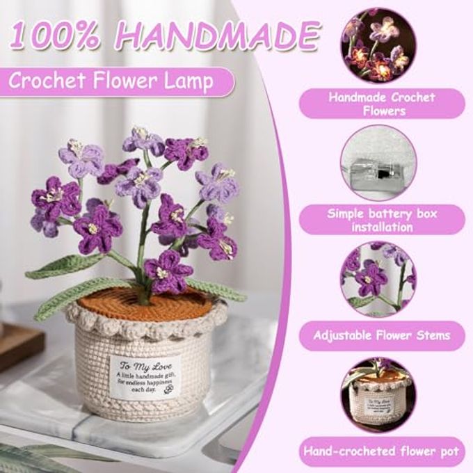 ANZRLE Forget Me Not Flower Lamp Purple Crochet Artificial Flowers with Night Light, Cordless Table Lamp, Cozy Home Decor Crochet Gifts - Image 2