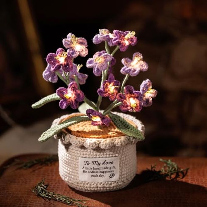 ANZRLE Forget Me Not Flower Lamp Purple Crochet Artificial Flowers with Night Light, Cordless Table Lamp, Cozy Home Decor Crochet Gifts - Image 1