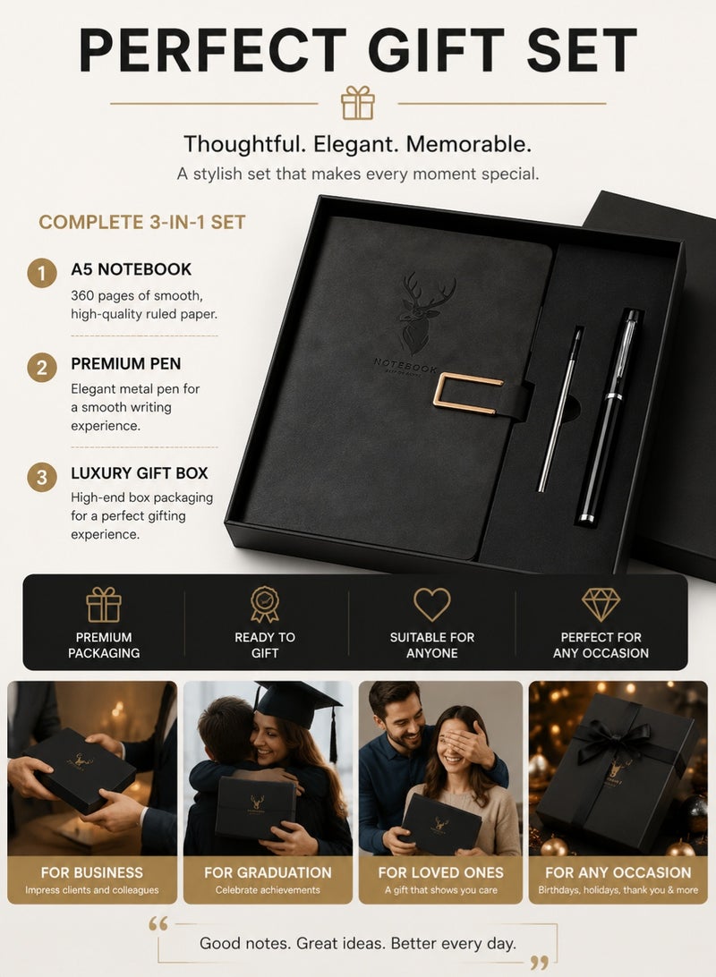 Premium A5 Notebook Gift Set with Pen and Gift Box, Black Faux Leather Journal Diary Notebook, 360 Ruled Pages Writing Notebook for Men Women, Office School Travel Business Gift - Image 5