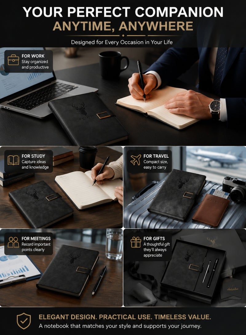 Premium A5 Notebook Gift Set with Pen and Gift Box, Black Faux Leather Journal Diary Notebook, 360 Ruled Pages Writing Notebook for Men Women, Office School Travel Business Gift - Image 4