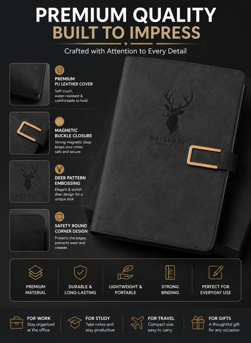 Premium A5 Notebook Gift Set with Pen and Gift Box, Black Faux Leather Journal Diary Notebook, 360 Ruled Pages Writing Notebook for Men Women, Office School Travel Business Gift - Image 3
