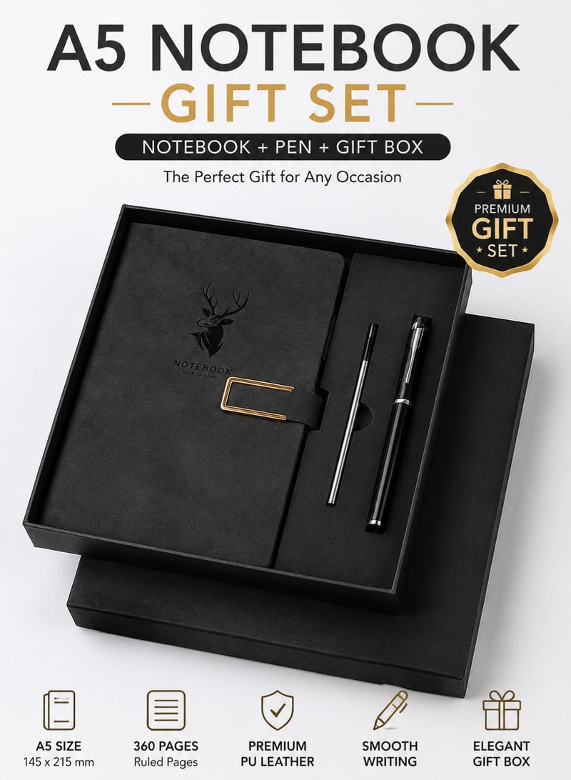 Premium A5 Notebook Gift Set with Pen and Gift Box, Black Faux Leather Journal Diary Notebook, 360 Ruled Pages Writing Notebook for Men Women, Office School Travel Business Gift - Image 1