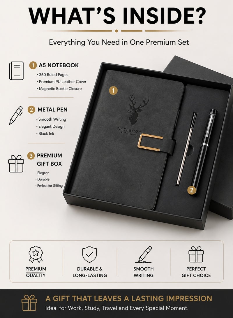 Premium A5 Notebook Gift Set with Pen and Gift Box, Black Faux Leather Journal Diary Notebook, 360 Ruled Pages Writing Notebook for Men Women, Office School Travel Business Gift - Image 2