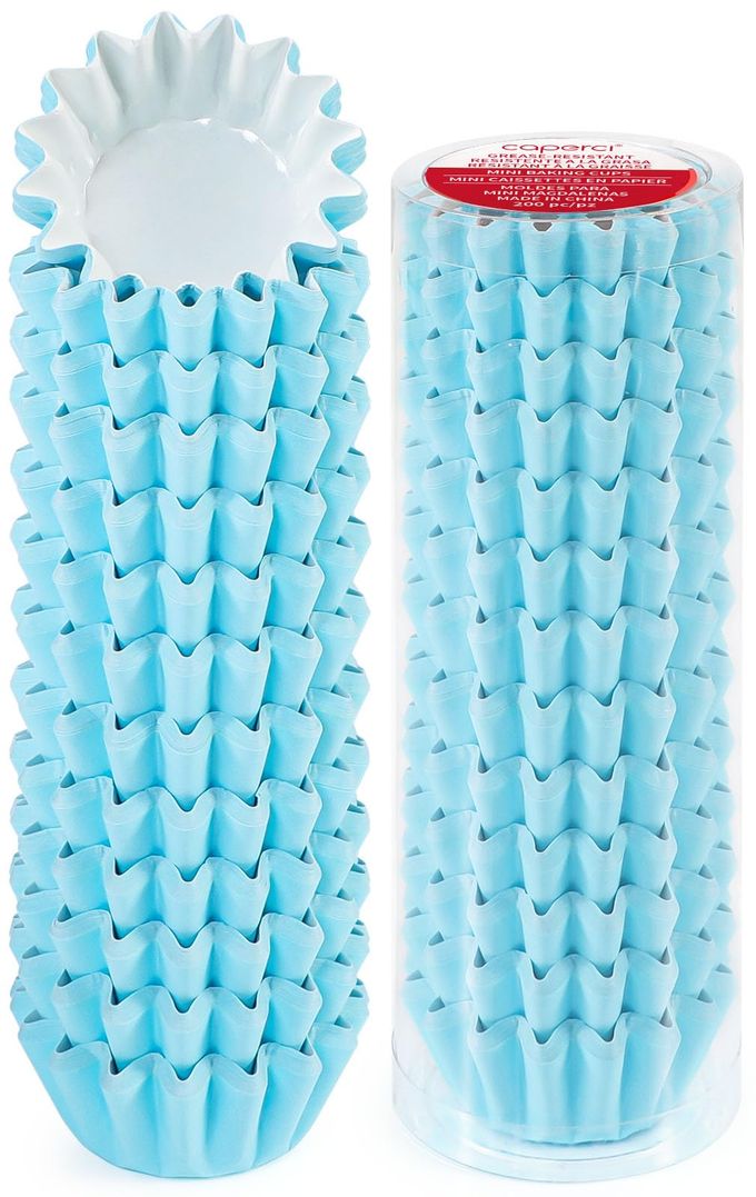 Caperci Grease-Resistant Blue Mini Cupcake Liners 200 Counts - Heavy Duty Paper Muffin Baking Cups, Odorless, No Muffin Pan Needed, Easily Peels (Light Blue)