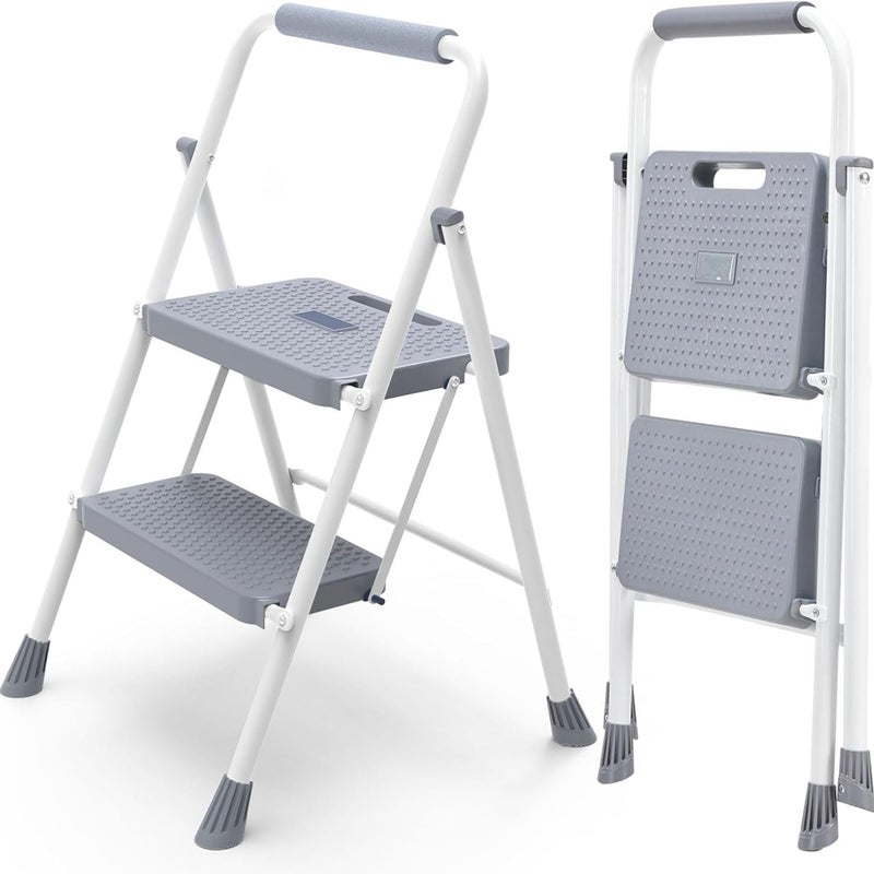 NEWBULIG 2 Step Ladder, Folding Step Stool with Safety Lock, Anti-Slip Design, Portable Foldable Ladder for Home Kitchen, Grey - Image 1