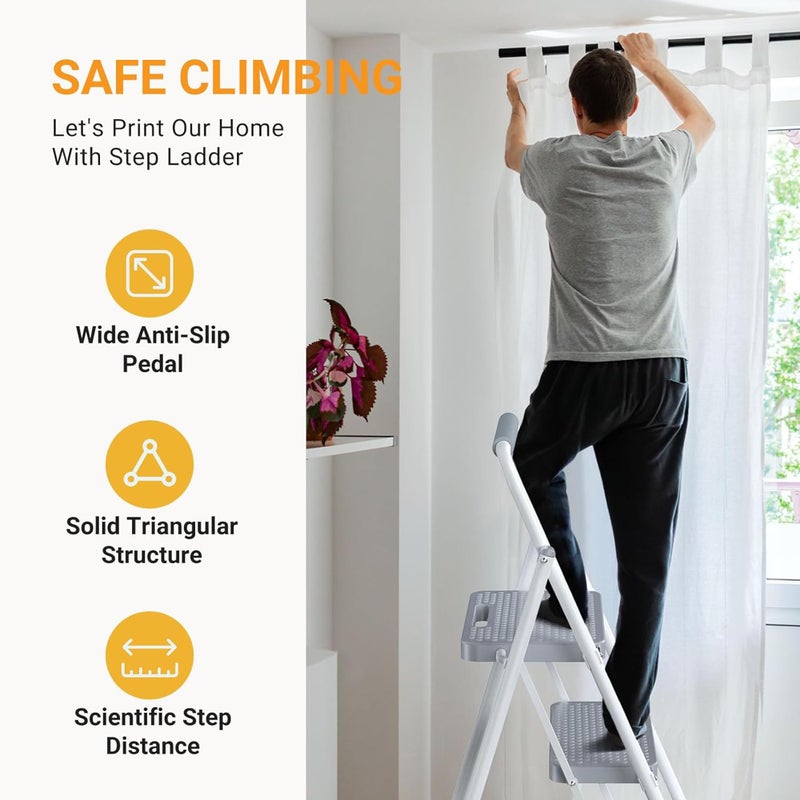 NEWBULIG 2 Step Ladder, Folding Step Stool with Safety Lock, Anti-Slip Design, Portable Foldable Ladder for Home Kitchen, Grey - Image 2