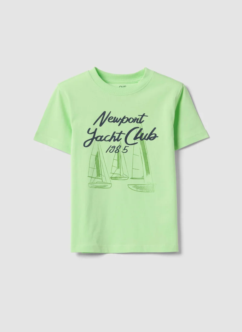 او في اس OVS Green Pure Cotton Boysâ€™ T-Shirt With Sailing Prints