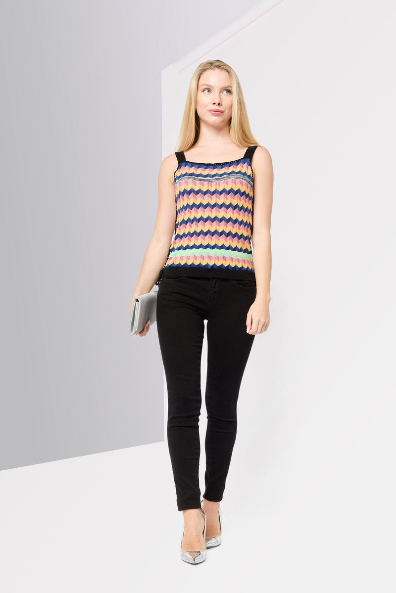 Scotch & Soda Women Square Neck Sleeveless Chevron Stripes Tank Top, Multicolor - Image 2