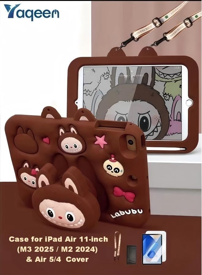 Yaqeen Kids Case for iPad Air 11-inch (M3 2025 / M2 2024) & Air 5/4 - Shockproof Cover with Shoulder Strap Pencil Holder & Free Screen Protector - Brown