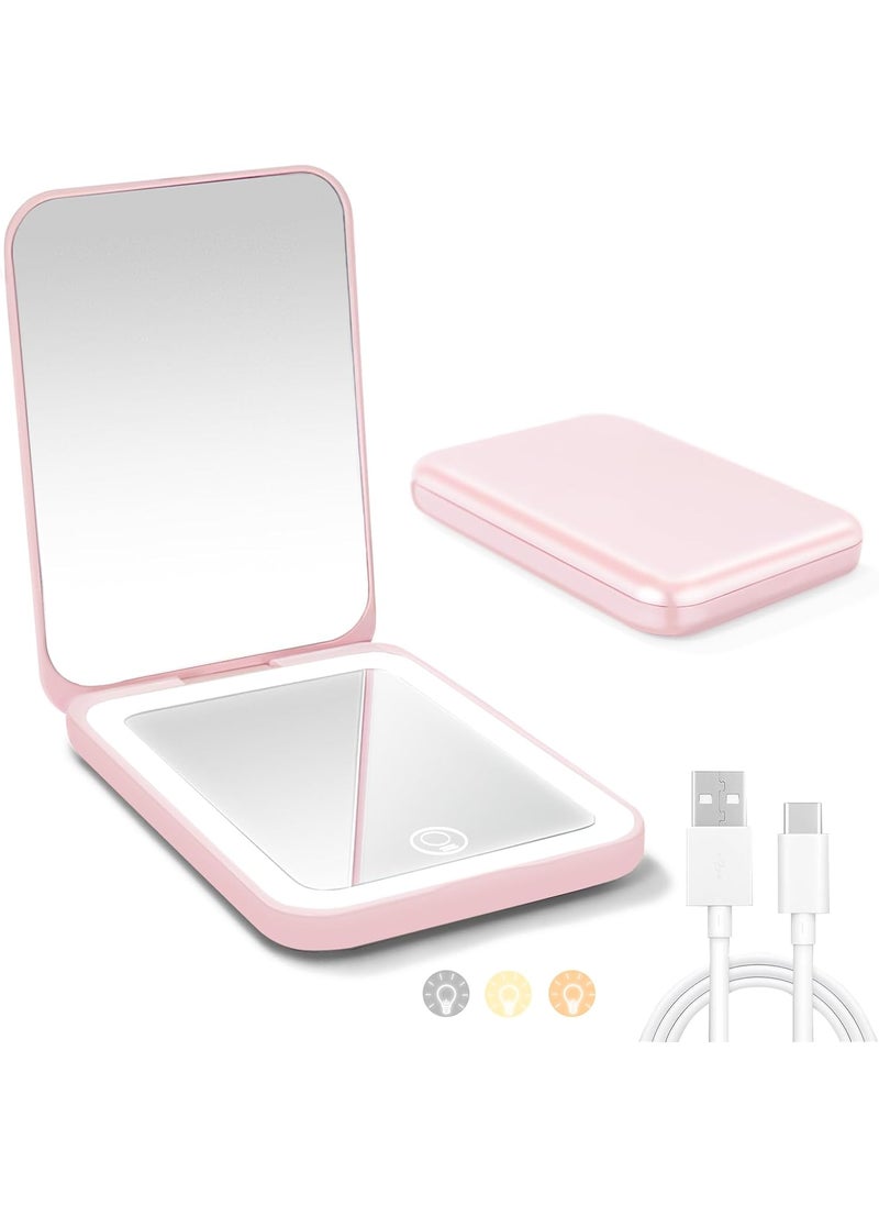 Milishow LED Compact Mirror with Light, Double Sided 1X/2X Magnification, 3 Color Dimmable Lights, USB Rechargeable, Portable Travel Makeup Mirror for Purse, for Women 