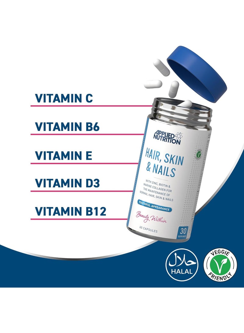 Applied Nutrition Applied Nutrition Hair, Skin & Nails – 60 Capsules – With Marine Collagen, Biotin, Zinc – For Glowing Skin, Strong Hair & Nails – Halal, Vegan Friendly - Image 3