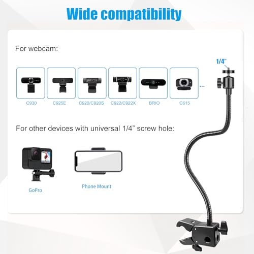 Khazylorr Webcam Stand, Webcam Mount Gooseneck Arm with Phone Holder Web Camera Stand Desk Mount Clip Clamp for Logitech Webcams C922 C930e C920S C920 C615 C960 C920x BRIO 4K NexiGo N60 and More - Image 4