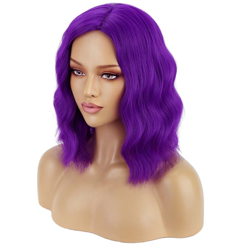 BERON Mix Purple Wig Short Curly Wig Purple Bob Wigs Women Beach Wave Wigs for Cosplay Costume Party Hairnet Included - Image 3