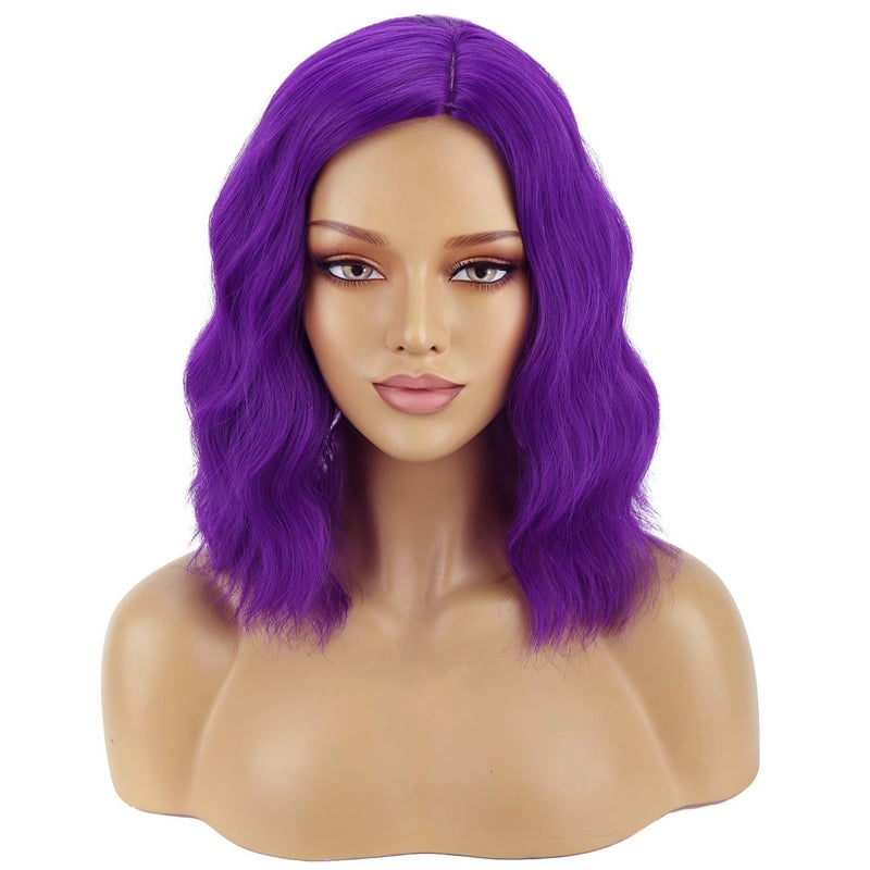 BERON Mix Purple Wig Short Curly Wig Purple Bob Wigs Women Beach Wave Wigs for Cosplay Costume Party Hairnet Included - Image 2