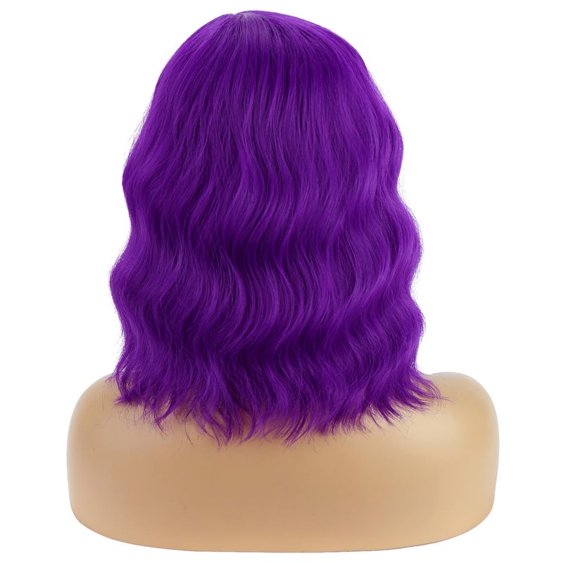 BERON Mix Purple Wig Short Curly Wig Purple Bob Wigs Women Beach Wave Wigs for Cosplay Costume Party Hairnet Included - Image 4