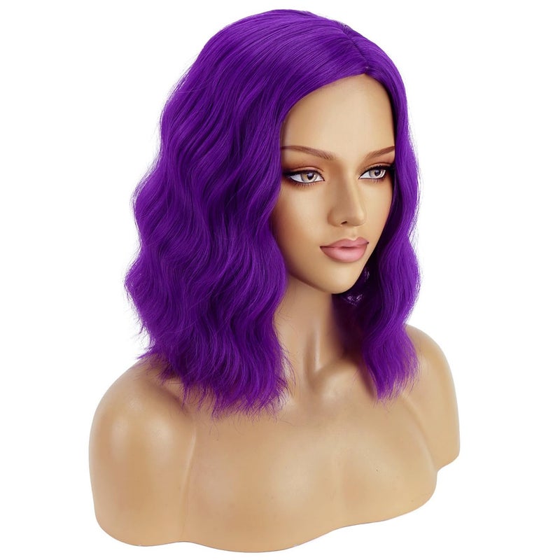 BERON Mix Purple Wig Short Curly Wig Purple Bob Wigs Women Beach Wave Wigs for Cosplay Costume Party Hairnet Included - Image 1