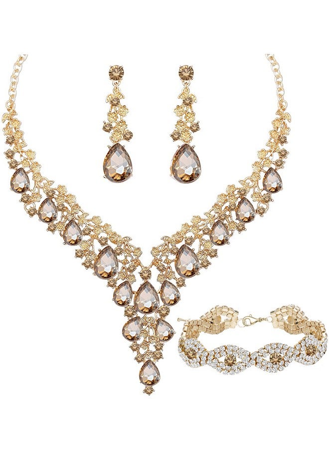 Paxuan Wedding Bridal Bridesmaid Austrian Crystal Rhinestone Jewelry Sets Statement Choker Necklace Earrings Bracelets Sets For Wedding Party Prom (Necklace + Earring + Bracelet (Champagne)) - Image 1