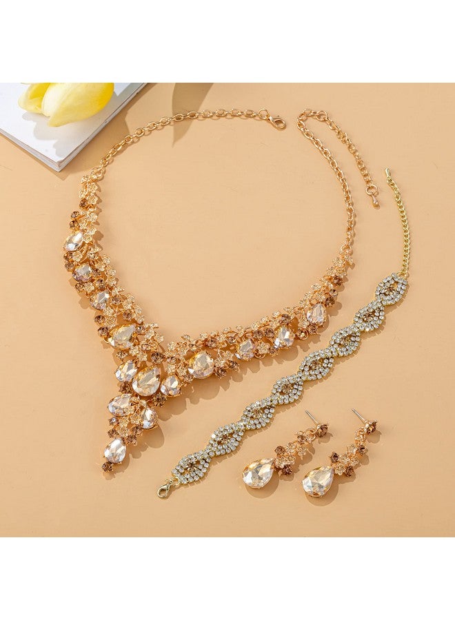 Paxuan Wedding Bridal Bridesmaid Austrian Crystal Rhinestone Jewelry Sets Statement Choker Necklace Earrings Bracelets Sets For Wedding Party Prom (Necklace + Earring + Bracelet (Champagne)) - Image 4