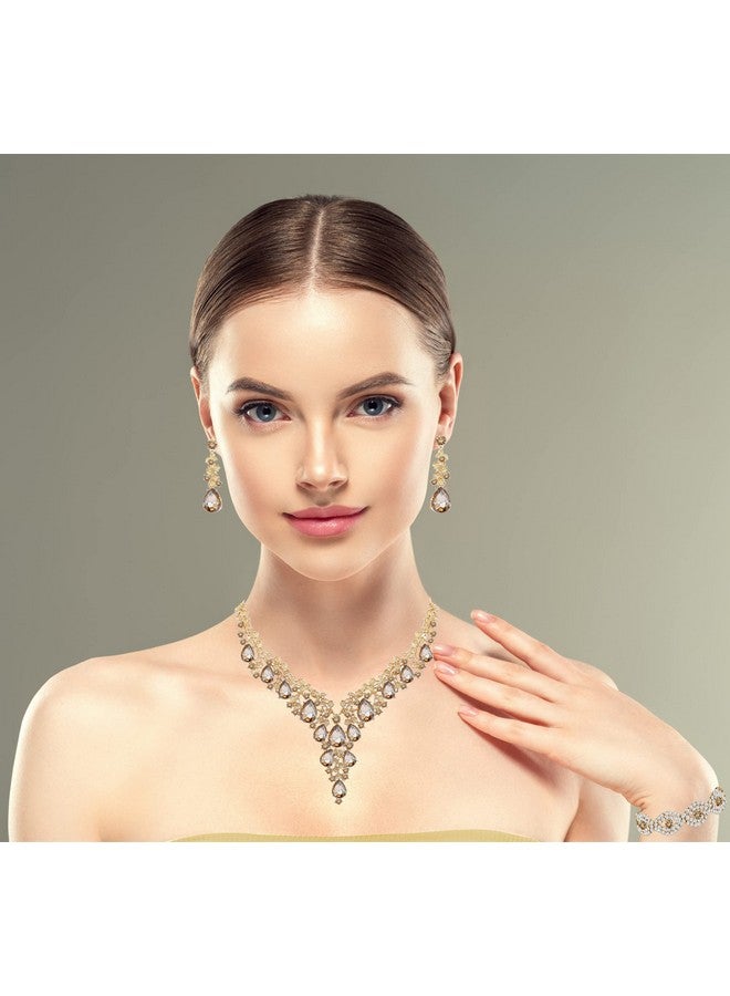 Paxuan Wedding Bridal Bridesmaid Austrian Crystal Rhinestone Jewelry Sets Statement Choker Necklace Earrings Bracelets Sets For Wedding Party Prom (Necklace + Earring + Bracelet (Champagne)) - Image 3