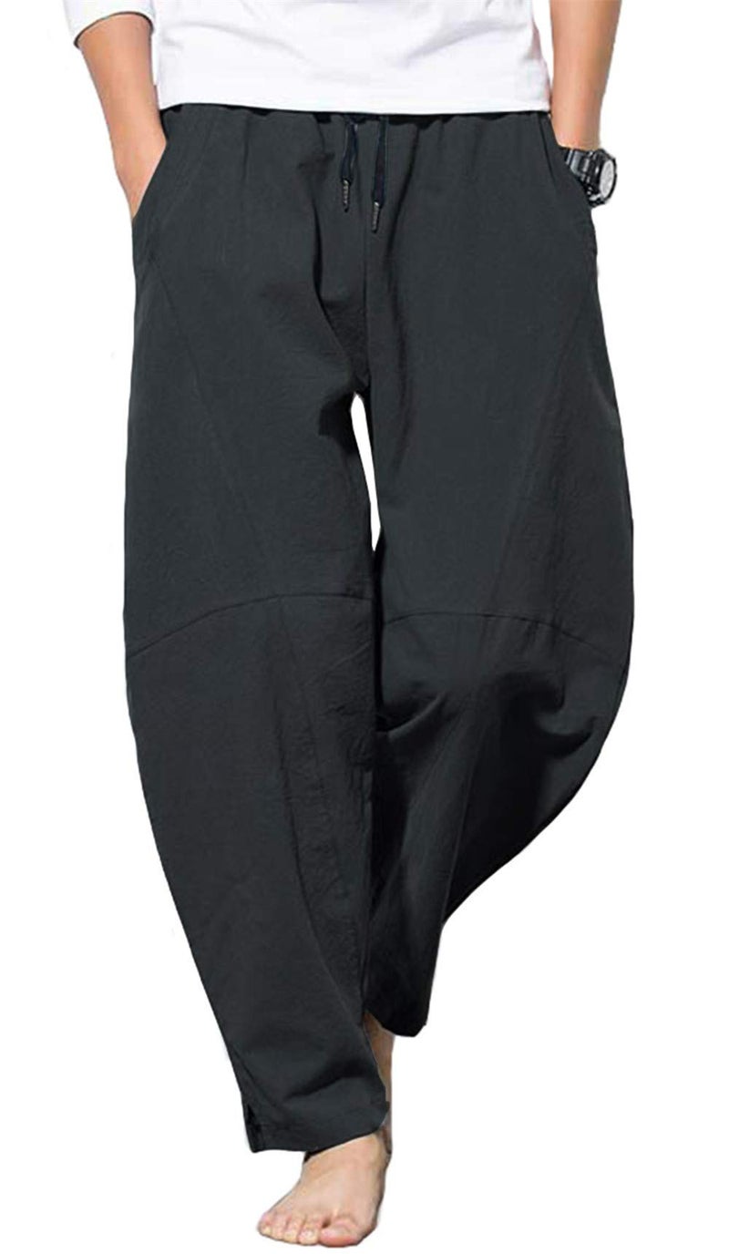 PACEIADTA Men's Cotton Linen Drawstring Pants Elastic Waist Casual Summer Beach Pants (X-Large, Black) - Image 1
