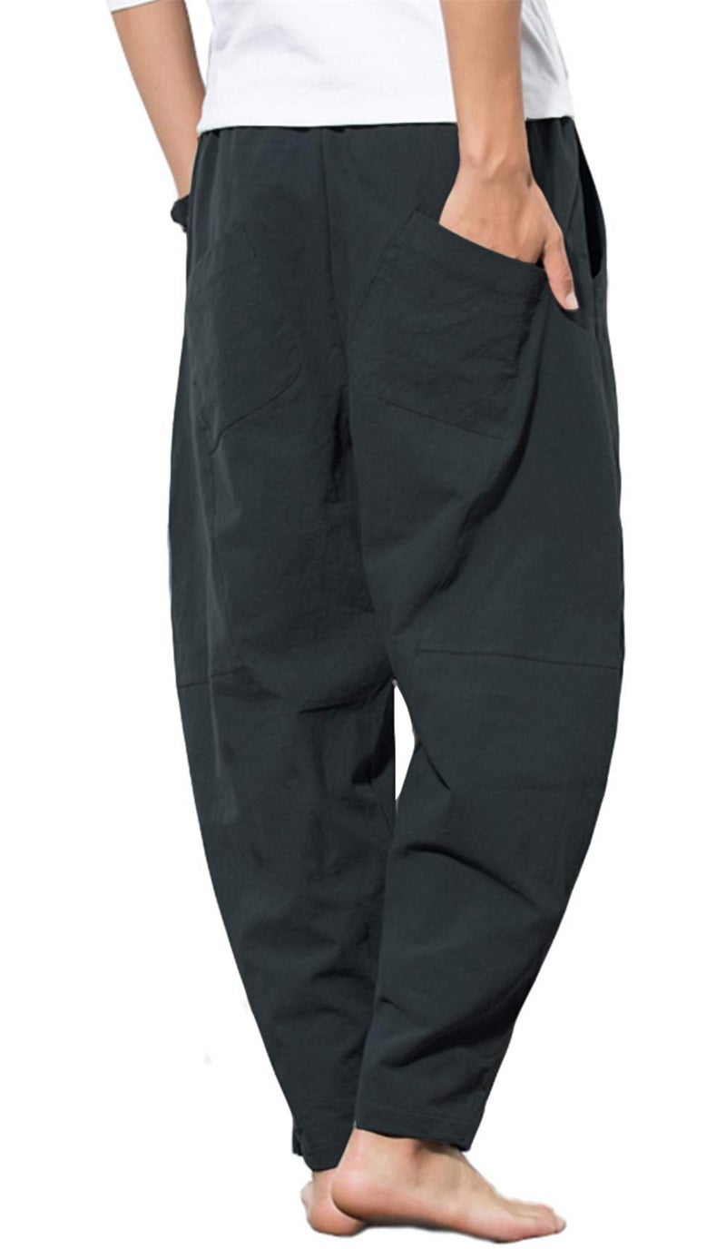 PACEIADTA Men's Cotton Linen Drawstring Pants Elastic Waist Casual Summer Beach Pants (X-Large, Black) - Image 3