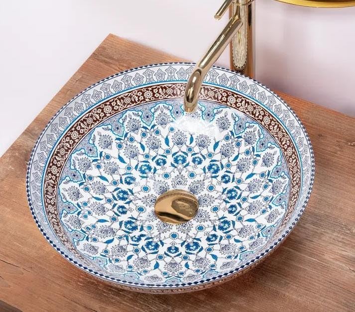 OBLONG Table Top Wash Basin Wash Basin Countertop Tabletop Ceramic Bathroom Sink Vessel Sink Over Counter Marble Wash Basin For Bathroom Moroccan Round 41 x 41 x 125 1 M002  - Image 3