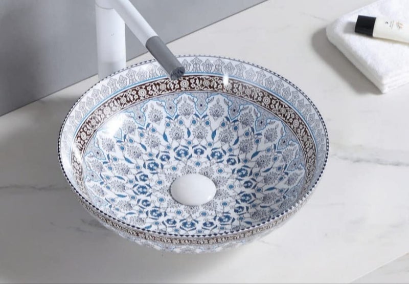OBLONG Table Top Wash Basin Wash Basin Countertop Tabletop Ceramic Bathroom Sink Vessel Sink Over Counter Marble Wash Basin For Bathroom Moroccan Round 41 x 41 x 125 1 M002  - Image 1