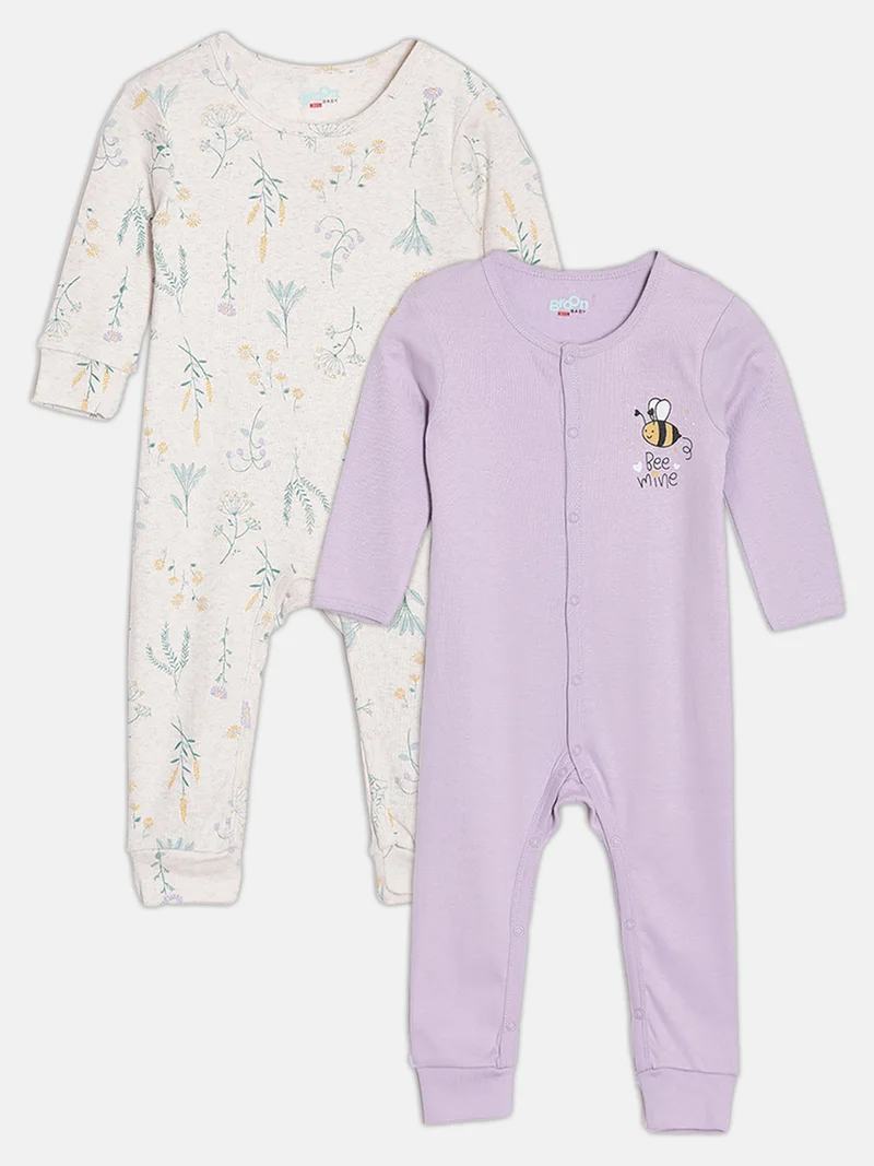 Broon Broon Infant Girls Purple and Off White Printed Organic Cotton Sleepsuit Pack of 2