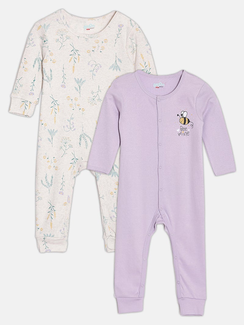Broon Infant Girls Purple and Off White Printed Organic Cotton Sleepsuit Pack of 2 - Image 1