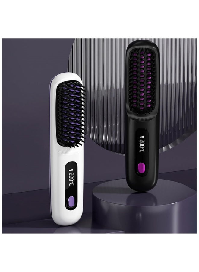 Hihonor Cordless Hair Straightener Brush, Usb Rechargeable 4000Mah Straightening Brush For Travel Mini Curling Iron For Short Hair Negative Ion Anti-Scald Hot Comb Flat Iron 3 Temp-Settings, White - Image 2