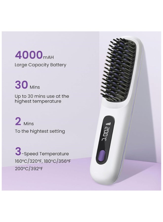 Hihonor Cordless Hair Straightener Brush, Usb Rechargeable 4000Mah Straightening Brush For Travel Mini Curling Iron For Short Hair Negative Ion Anti-Scald Hot Comb Flat Iron 3 Temp-Settings, White - Image 4