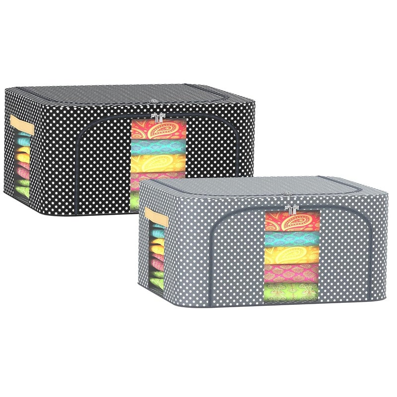Urbane Home Urbane Home Pack of 2 Clothes Storage Box 24 Liter Wardrobe Organizer Waterproof Underbed Storage Box for Blankets Parachute Steel Frame Drawer Organizer Dot Print Black Grey  - Image 1
