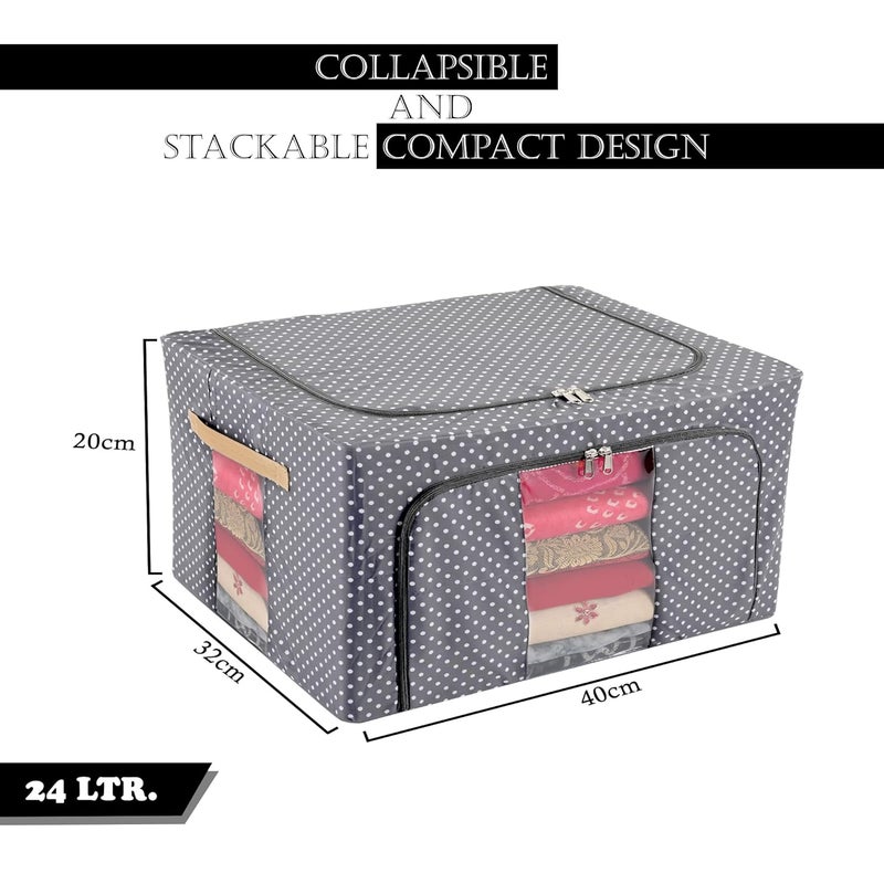 Urbane Home Urbane Home Pack of 2 Clothes Storage Box 24 Liter Wardrobe Organizer Waterproof Underbed Storage Box for Blankets Parachute Steel Frame Drawer Organizer Dot Print Black Grey  - Image 3