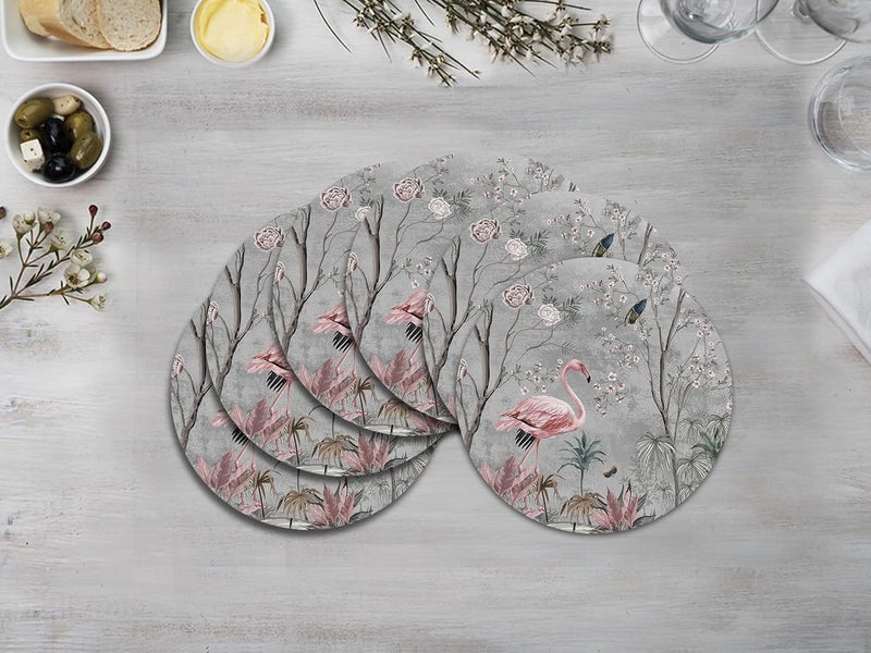 Space Of Joy Space of Joy Graceful Flamingo Design Premium Printed MDF Wooden Dining Table mats HeatWater Resistant Round Placemats for Dining Kitchen Indoor Outdoor Set of 6 Pieces - Image 3