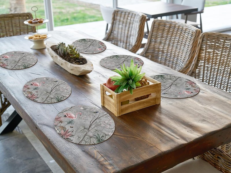 Space Of Joy Space of Joy Graceful Flamingo Design Premium Printed MDF Wooden Dining Table mats HeatWater Resistant Round Placemats for Dining Kitchen Indoor Outdoor Set of 6 Pieces - Image 2