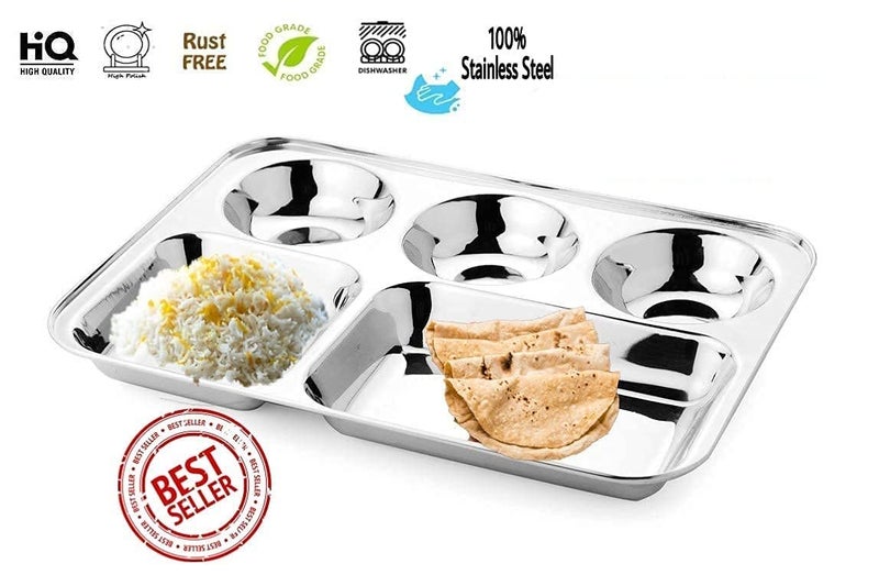 KC Stainless Steel Partition Plate 5 in1/Bhojan Thali/Compartment Plate/Steel Thali/Dinner Plate Set of 6 - Image 3
