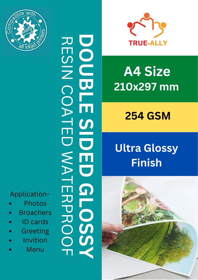 True-Ally A4 Resin Coated Water-Proof Double Sided Glossy Inkjet Photo Paper Size - 8.5x11 Inches, 254 GSM (A4 - (20 Sheets)) - Image 1