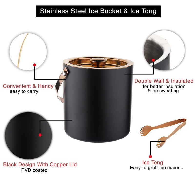 Steren Impex | Stainless Steel Black & Copper Bar Set - 3 Pcs, Double Wall - Ice Bucket[1500 ml ] with Tong & Peg Measure 30/60 ml| Perfect for Gifting - Image 4
