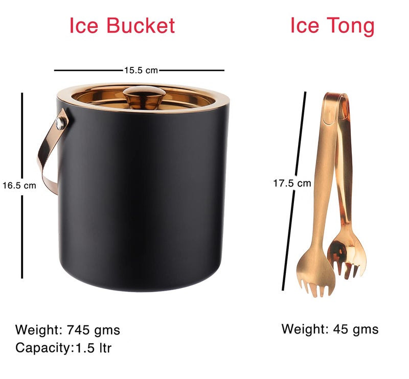 Steren Impex | Stainless Steel Black & Copper Bar Set - 3 Pcs, Double Wall - Ice Bucket[1500 ml ] with Tong & Peg Measure 30/60 ml| Perfect for Gifting - Image 3