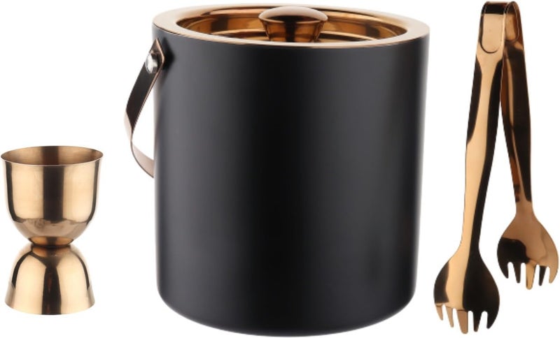Steren Impex | Stainless Steel Black & Copper Bar Set - 3 Pcs, Double Wall - Ice Bucket[1500 ml ] with Tong & Peg Measure 30/60 ml| Perfect for Gifting - Image 1